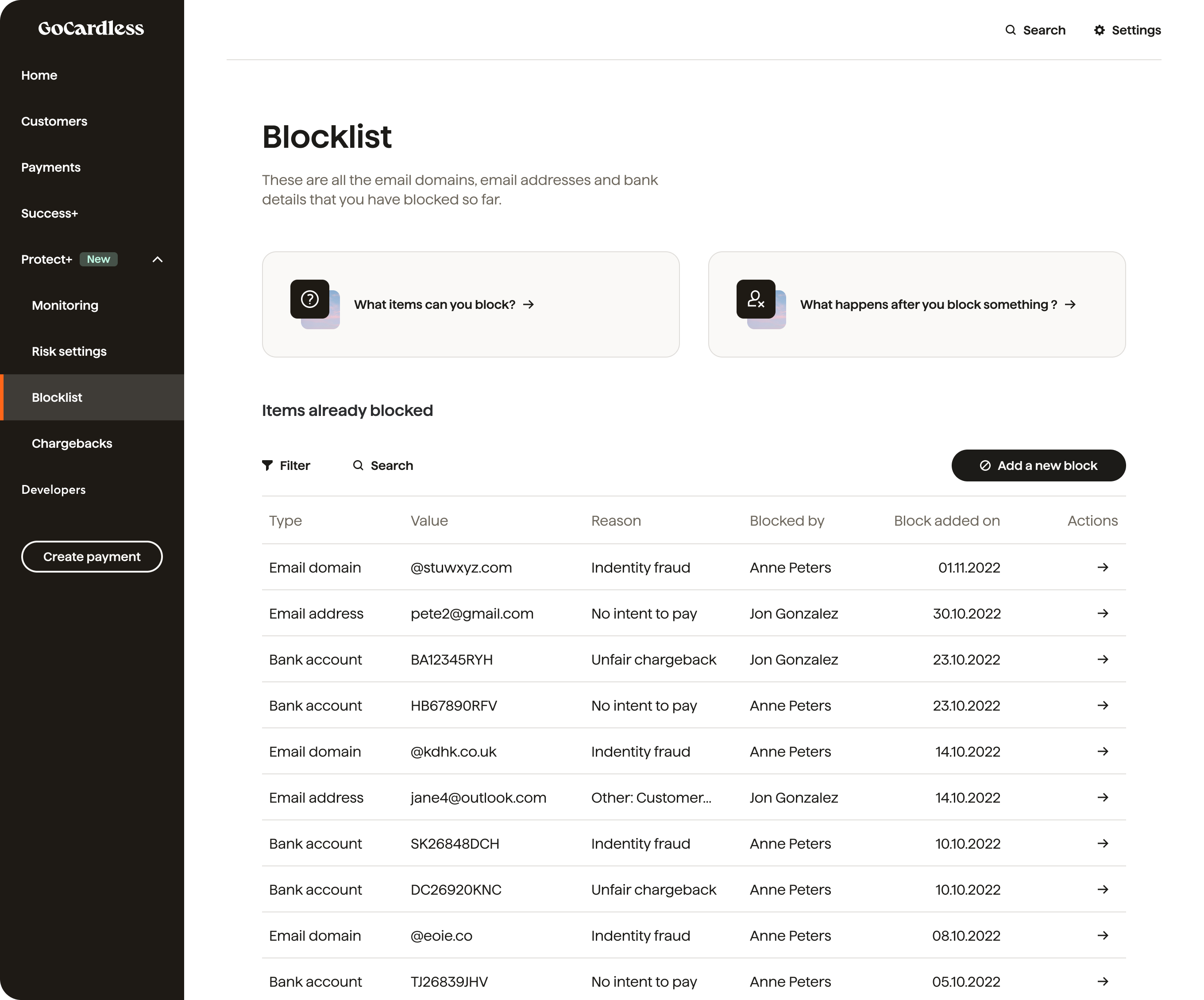 Blocklist page