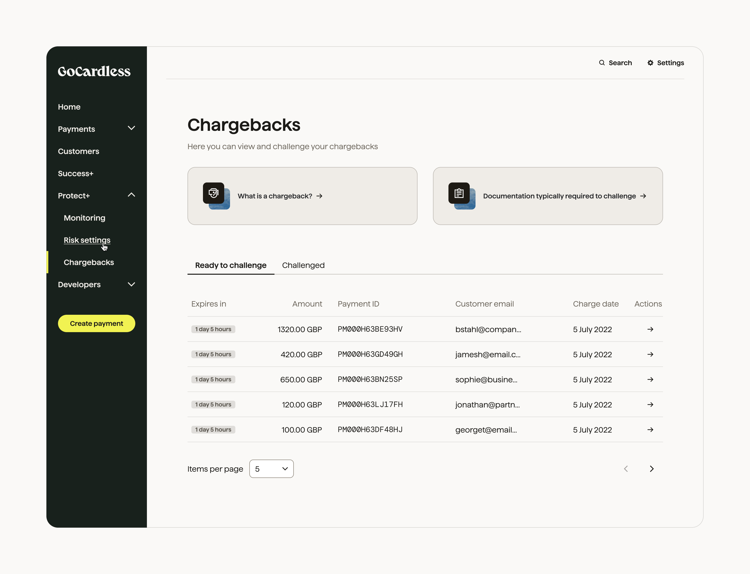 Protect+ Chargeback page