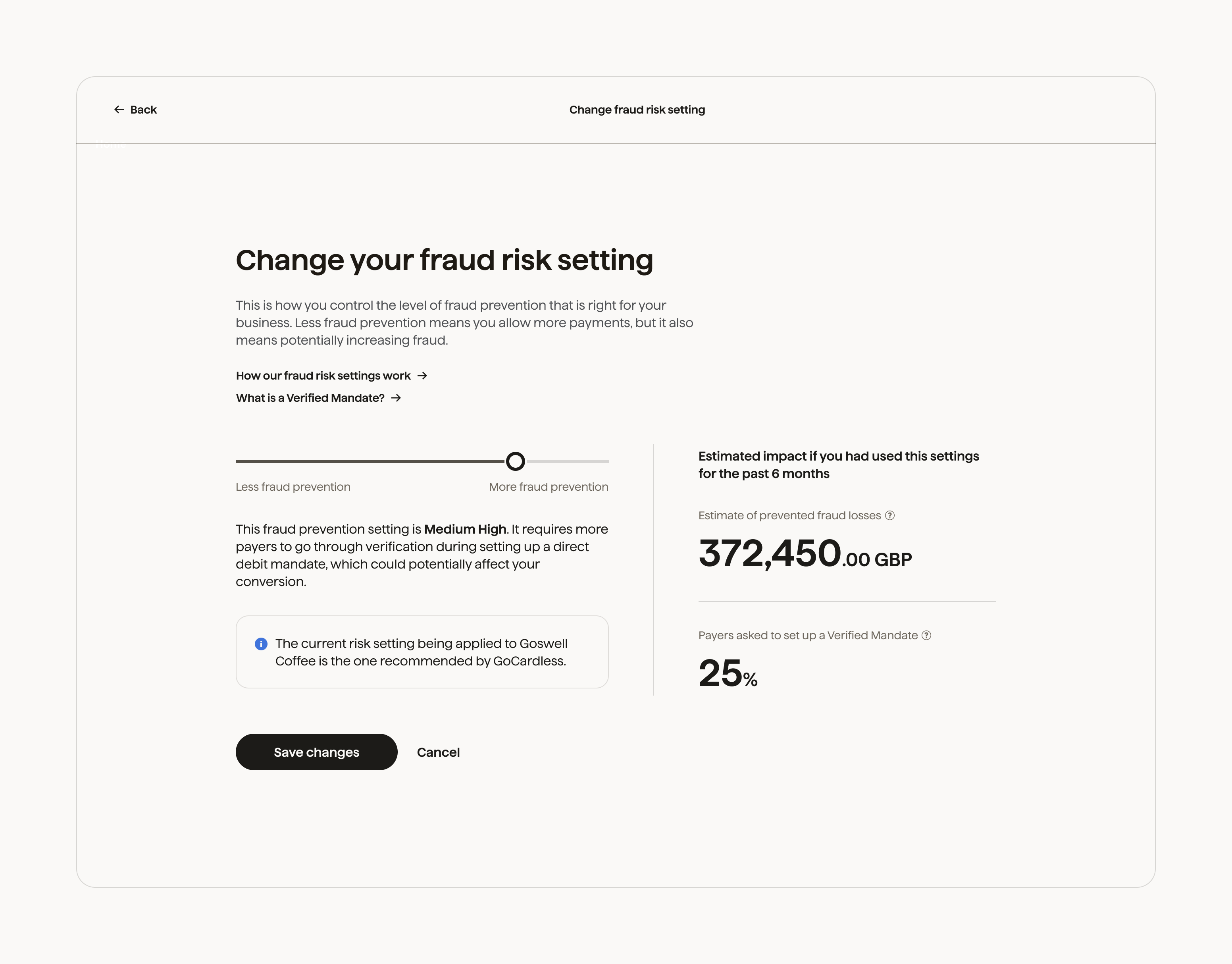 Protect+ Risk Setting Page